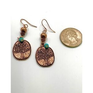 Tree Of Life Copper 2” Fishhook Dangle Earrings With Turquoise Drop Bead
